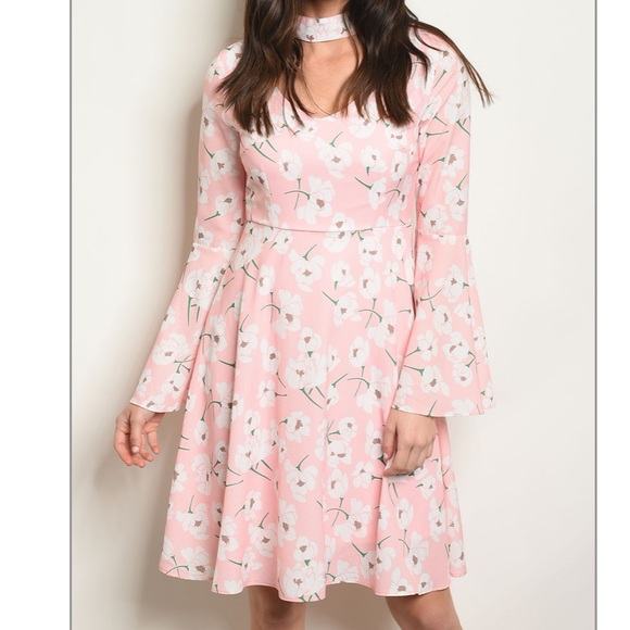 PINK FLORAL CHOKER NECK LONG SLEEVE DRESS LARGE - Picture 1 of 5